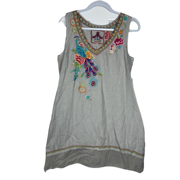 Johnny Was JW Los Angeles Gray Linen Floral Peacock Embroidered Dress  Women's M